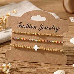 Золотой 3шт. 3 стили круглых браслетов из латуни и стеклянного бисера на эластичной основе, крестик из натуральных ракушек для женщин, с открытки, золотые, 6.50 дюйм (16.5 см) ~ 6.89 дюйм (17.5 см)