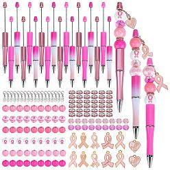 Pink Набор для изготовления ручек из бисера на тему осведомленности о раке молочной железы своими руками, включая подвеску из эмалевой ленты из сплава, деревянные и стеклянные европейские бусины, шариковая ручка из абс-пластика, розовые, 162 шт / коробка