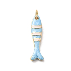 Sky Blue Brass with Enamel Pendants, Fish Charms, Rack Plating, Long-Lasting Plated, Lead Free & Cadmium Free, Real 18K Gold Plated, Sky Blue, 27.5x8x4mm, Hole: 4mm