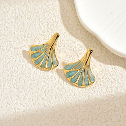 Зеленый Серьги-гвоздики с эмалью из нержавеющей стали, золотые, зелёные, 26.3x22.3 мм