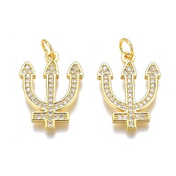 Real 18K Gold Plated Brass Micro Pave Clear Cubic Zirconia Pendants, Long-Lasting Plated, With Jump Rings, Three Teeth Fork, Real 18K Gold Plated, 19x14x2mm, Hole: 3mm, Jump Ring: 5x1mm