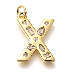 Letter X Латунные микропаве прозрачные подвески с фианитом, с целью перехода в кольце, без свинца и без кадмия, долговечный, стойки покрытие, письмо амулеты, реальный 18 k позолоченный, Письмо X, 20.5x13.5x2.7 мм, Перейти кольцо: 5x1 мм, 3 mm внутреннего диаметра.
