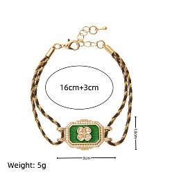 Зеленый Браслеты из латуни с инкрустацией кубическим цирконием., украшения из хлопкового шнура для женщин, прямоугольник с клевером, с эмалью, золотые, зелёные, 6.30 дюйм (16 см)
