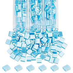 Светло-Голубой 210~240 шт. Стеклянные бусины, 2-луночное, квадратный, Небесно-голубой, 5x4.5~5.5x2~2.5 мм, отверстие : 0.5~0.8 мм
