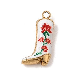 Red 304 Stainless Steel Enamel Pendants, Western Cowgirl Boot with Flower Charms, Ion Plating(IP), Long-Lasting Plated, Real 18K Gold Plated, Red, 16x8x4mm, Hole: 1.5mm