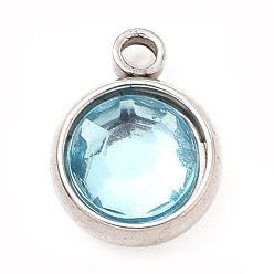 Аквамарин 304 прелести нержавеющей стали, с акриловыми стразами, очарование камня, граненые, плоско-круглые, цвет нержавеющей стали, аквамарин, 10x8x4 мм, отверстие : 1.3 мм