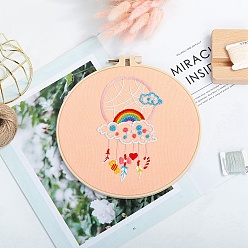 Pink Тканая сетка/паутина своими руками с набором для вышивки узором из перьев, включая имитацию бамбуковой рамы, железа контакты, ткань, красочные нити, розовые, 213x201x9.5 мм, внутренний диаметр: 183 мм