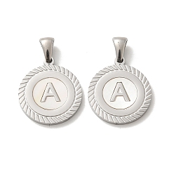 Letter A 304 подвески из нержавеющей стали, плоские круглые подвески-ракушки с буквой, цвет нержавеющей стали, буква a, 20.5x17.5x1.5 мм, отверстие : 2.5x4.5 мм