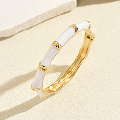White Vintage Zinc Alloy Enamel Bamboo Hinged Cuff Bangles for Women, Golden, White, Inner Diameter: 2.36 inch(6cm)~2.76 inch(7cm)