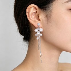 Платина Серьги-гвоздики из сплава с микропаве и кубическим цирконием, пластиковые серьги с жемчужными кисточками для женщин, платина, 87x15 мм