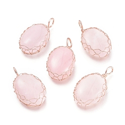 Rose Quartz Natural Rose Quartz Pendants, Wire Wrapped Pendants, with Rose Gold Plated Brass Wire, Oval, 42.5x23x10mm, Hole: 5x7mm