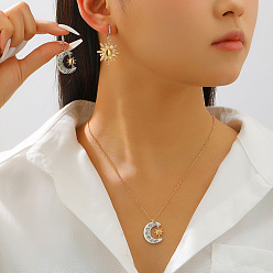 Платиновый & Золотой Серьги и колье из латуни с кристаллами и стразами, луна и солнце, платиной и золотом, 473мм и 40x24мм и 41x20мм