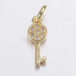 Real 18K Gold Plated Brass Micro Pave Cubic Zirconia Pendants, Cadmium Free & Lead Free, Long-Lasting Plated, Real 18K Gold Plated, Key, 12.5x4.5x1.5mm, Hole: 2.5mm