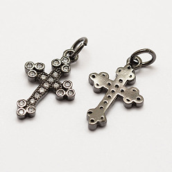 Черный Цвет Металла Латунные микро проложить класса AAA кубического циркония подвески, долговечный, крестик, без кадмия, без никеля и без свинца, металлический черный , 18x11x1.5 мм, отверстие : 3 мм