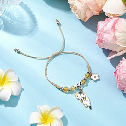 Yellow Quartz Natural Yellow Quartz Beads Braided Bead Bracelets, Cat & Clover, with Printed Alloy Pendants & Nylon Thread, Inner Diameter: 1 inch(2.5cm)
