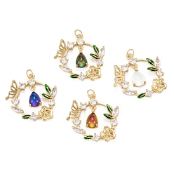 (52) Непрозрачная лаванда Подвески из прозрачного кубического циркония из латуни, с целью перехода в кольце, долговечный, без свинца и без кадмия, цветок, реальный 18 k позолоченный, разноцветные, 28x29x5 мм, Перейти кольцо: 5x0.8 мм, 3.5 мм внутренним диаметром