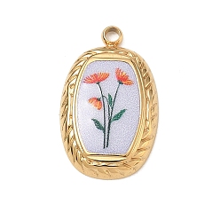Orange Printed 304 Stainless Steel Pendants, Oval with Flower Charms, Golden, Orange, 18x11x3mm, Hole: 1.4mm