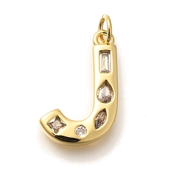 Letter J Латунные микропаве прозрачные подвески с фианитом, с целью перехода в кольце, без свинца и без кадмия, долговечный, стойки покрытие, письмо амулеты, реальный 18 k позолоченный, буква J, 20.5x13x2.7 мм, Перейти кольцо: 5x1 мм, 3 mm внутреннего диаметра.