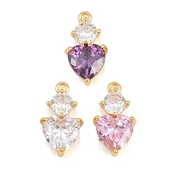 Mixed Color Brass Pave Cubic Zirconia Pendants, Heart with Round Charms, Real 18K Gold Plated, Mixed Color, 17x9x5mm, Hole: 1.4mm