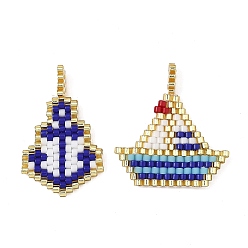 Mixed Color Nautical Glass Seed Beaded Pendants, Anchor & Sailboat Charms, Mixed Color, 27x17x1.5mm and 26x23x1.5mm, Hole: 3mm, about 2pcs/set