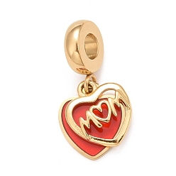 Золотой 304 подвесные европейские подвески из нержавеющей стали, Подвески с большими отверстиями, красной эмалью, День матери, сердце со словом мама, золотые, 23 мм, отверстие : 4 мм, Сердце: 12x10.5x1~2 mm