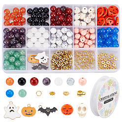 Color mezclado Kit para hacer pulseras y collares de piedras preciosas de Halloween, Incluye cuentas redondas y de farolillos y piedras de calavera., colgantes de aleación de calabaza jack & ghost & bat, color mezclado, perlas de genstone: 180pcs/set