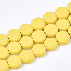 Yellow Spray Painted Non-magnetic Synthetic Hematite Beads Strands, Flat Round, Yellow, 8x3mm, Hole: 1mm, about 48pcs/strand, 15.7 inch
