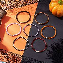 (52) Непрозрачная лаванда 7шт. браслеты из круглых стеклянных бусин на тему Хэллоуина, с бусинками клевера, разноцветные, внутренний диаметр: 2-1/8~2-1/4 дюйм (5.5~5.7 см)