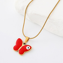 Red 304 Stainless Steel Enamel Evil Eye Butterfly Pendant Necklaces for Men Women, Golden, Red, 15.75 inch(40cm)