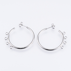 Нержавеющая Сталь Цвет Не тускнеет 304 фурнитура для сережек-гвоздиков из нержавеющей стали, серьги-кольца, с петлей, цвет нержавеющей стали, 32x33.5x2 мм, отверстие : 2 мм, штифты : 0.8 мм