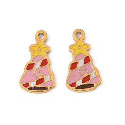 Pink 304 из нержавеющей стали шармы эмали, вакуумное покрытие pvd, очарование рождественской елки, реальный 18 k позолоченный, розовые, 12.5x7x1 мм, отверстие : 1 мм