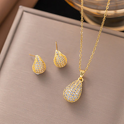 Teardrop Комплекты из серег-гвоздиков и ожерелий с подвесками из латуни с микропаве из прозрачных кубических цирконий, золотые, слеза, 450 мм, Кулон : 10x18 мм, Серьги: 8x12 mm