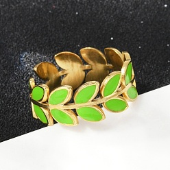 Лайм 304 регулируемые манжетные кольца из нержавеющей стали, с эмалью, лист, реальный 18 k позолоченный, желто-зеленые, 8 мм, внутренний диаметр: регулируемый