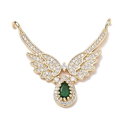 Golden Brass Micro Pave Green Cubic Zirconia Pendants, Wing Charms, Golden, 31x33x4mm, Hole: 3mm
