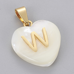 Letter W Shell Anhänger, mit 304 Edelstahl Zubehör, Herz mit Brief, golden, letter.w, 23.5x20x7 mm, Bohrung: 3.5x7 mm