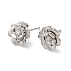 Платина Серьги-пусеты из латуни с микропаве и прозрачным фианитом, долговечный, без свинца и без кадмия, цветок, платина, 12x12 мм