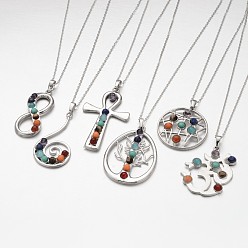 Mixed Color Platinum Plated Vintage Chakra Jewelry Brass Natural & Synthetic Mixed Stone Pendant Necklaces, Mixed Style, with Cable Chains, Mixed Color, 18 inch