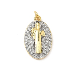 Настоящее золото 18K Латунные микро проложить кубического циркония подвески, Овальный со святым бенедиктом, без кадмия и без свинца, с целью перехода в кольце, реальный 18 k позолоченный, 23x14x3 мм, отверстие : 3 мм