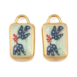 Dark Sea Green 304 Stainless Steel Enamel Pendants, Rectangle with Bird Charms, Ion Plating(IP), Real 18K Gold Plated, Dark Sea Green, 18x10x4.5mm, Hole: 3x2mm