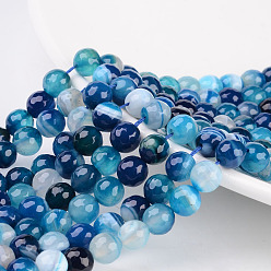 Blue Natural Striped Agate/Banded Agate Beads, Dyed, Faceted, Round, Blue, Size: about 8mm in diameter, hole: 1mm, 43pcs/strand, 15.5 inch
