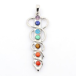 Mixed Stone Gemstone Chakras Pendants, with Alloy Findings, Platinum, 58x20x4mm, Hole: 5x8mm