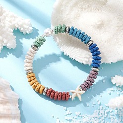 Морская звезда Плоские круглые эластичные браслеты из натурального камня лавы и ракушек с жемчугом для женщин, с ронделью из сплава и крашеными синтетическими бирюзовыми бусинами, морская звезда, внутренний диаметр: 2-1/8 дюйм (5.25 см) ~ 2-1/4 дюйм (5.65 см)