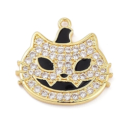 Real 18K Gold Plated Rack Plating Brass Cubic Zirconia Pendants, Lead Free & Cadmium Free, Cat Charm, Real 18K Gold Plated, 19.5x20x1.7mm, Hole: 1.2mm