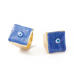 Blue Square Enamel with Evil Eye Wide Band Finger Rings, Real 18K Gold Plated Brass Adjustable Rings for Women Men, Blue, 18.5mm, Inner Diameter: 17mm