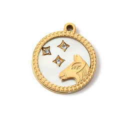 Taurus 12 Constellations 304 Stainless Steel & Natural Shell & Rhinestone Pendants, Ion Plating(IP), Long-Lasting Plated, Taurus Charm, 17x15x2mm, Hole: 1.5mm