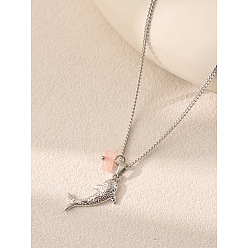 Pink Морской стиль 304 Подвеска в виде акулы из нержавеющей стали с натуральным драгоценным камнем для женщин, цвет нержавеющей стали, розовые, 17.32 дюйм (44 см)