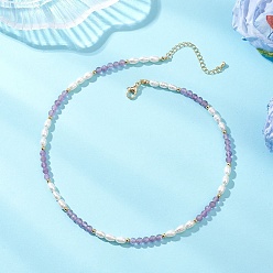 Аметист Ожерелья из натуральных граненых аметистов и рисового жемчуга для женщин, с латунными концевыми цепями, золотые, 15.55 дюйм (39.5 см)