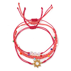 Couleur Mélangete 3Ensembles de bracelets ajustables en perles de verre et cordon en nylon tressé, Bracelets en acier inoxydable à maillons soleil, couleur mixte, 11.02 pouce (28 cm)