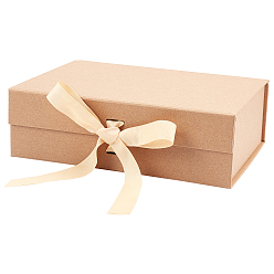 BurlyWood Paper Fold Boxes, Gift Wrapping Boxes, with Polyester Ribbon, for Jewelry Candy Wedding Party Favors, Rectangle, BurlyWood, 17.6x24.3x7.9cm