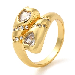 Сердце Открытые манжеты из латуни с микропаве и прозрачным цирконием для женщин, реальный 18 k позолоченный, сердце, внутренний диаметр: 16 мм